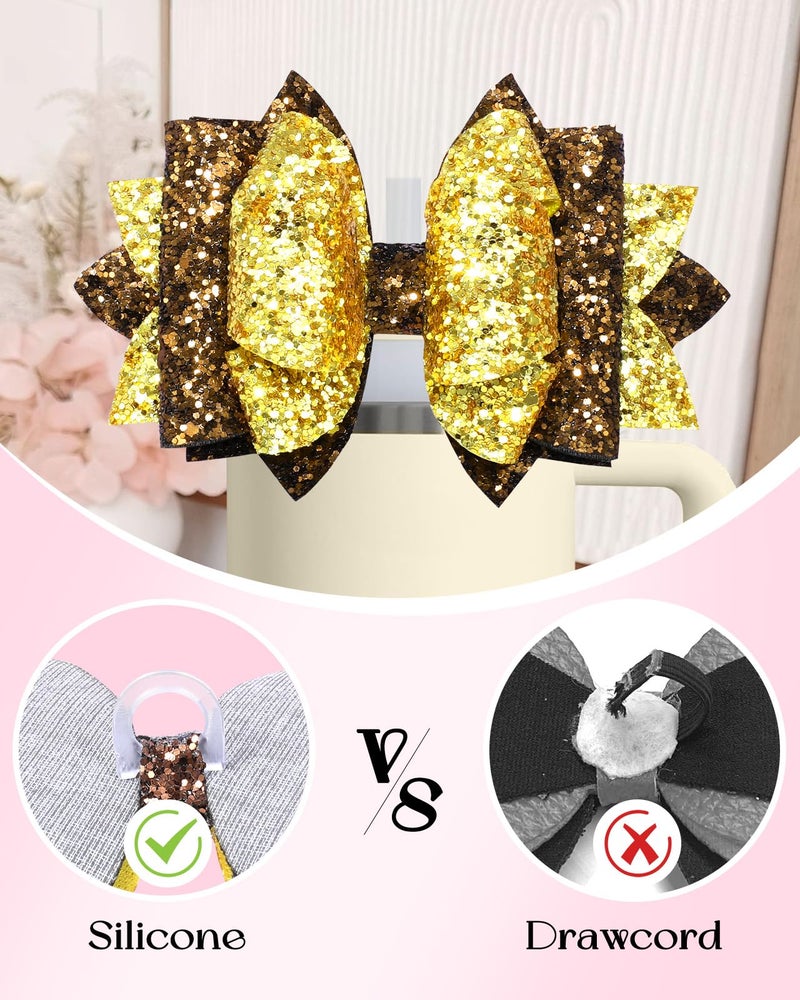 Toykee Bow Straw Topper with Cup Bootfor Stanley 40 30 oz - Coffee Gold Bow and Diamond Cover Caps with Bottom Protector 3 PCS Sets for Tumbler Accessories - Image 3
