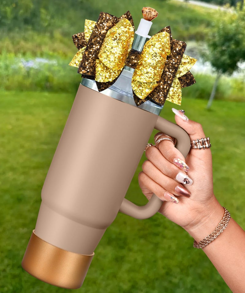 Toykee Bow Straw Topper with Cup Bootfor Stanley 40 30 oz - Coffee Gold Bow and Diamond Cover Caps with Bottom Protector 3 PCS Sets for Tumbler Accessories - Image 1
