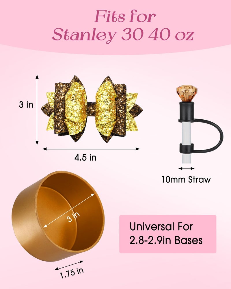 Toykee Bow Straw Topper with Cup Bootfor Stanley 40 30 oz - Coffee Gold Bow and Diamond Cover Caps with Bottom Protector 3 PCS Sets for Tumbler Accessories - Image 2
