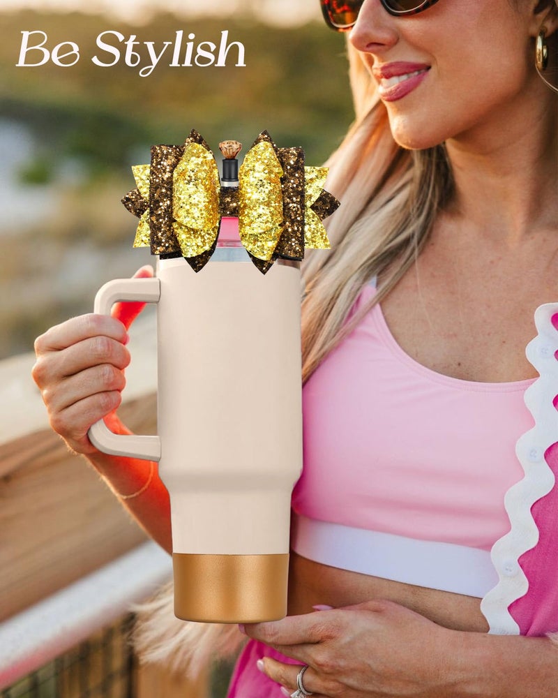 Toykee Bow Straw Topper with Cup Bootfor Stanley 40 30 oz - Coffee Gold Bow and Diamond Cover Caps with Bottom Protector 3 PCS Sets for Tumbler Accessories - Image 5