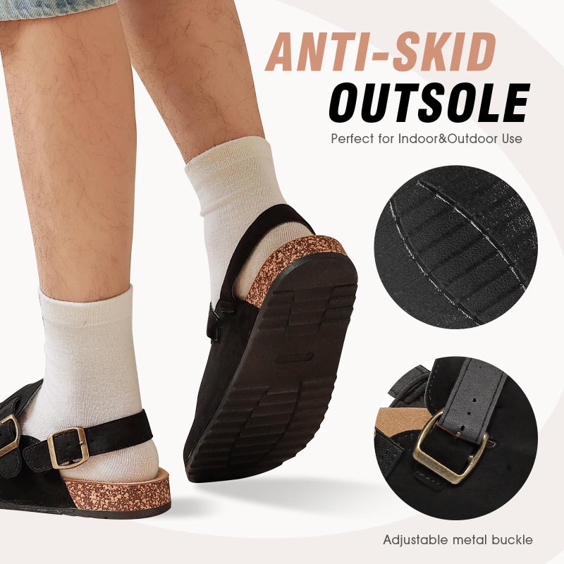 DDXYYDS Women's Suede Clogs with Back Strap Men's Cork Footbed Leather Mules Clogs for Women Comfort Memory Foam Slingback Clog Sandals with Adjustable Buckle Slip on Potato Shoes Black - Image 5