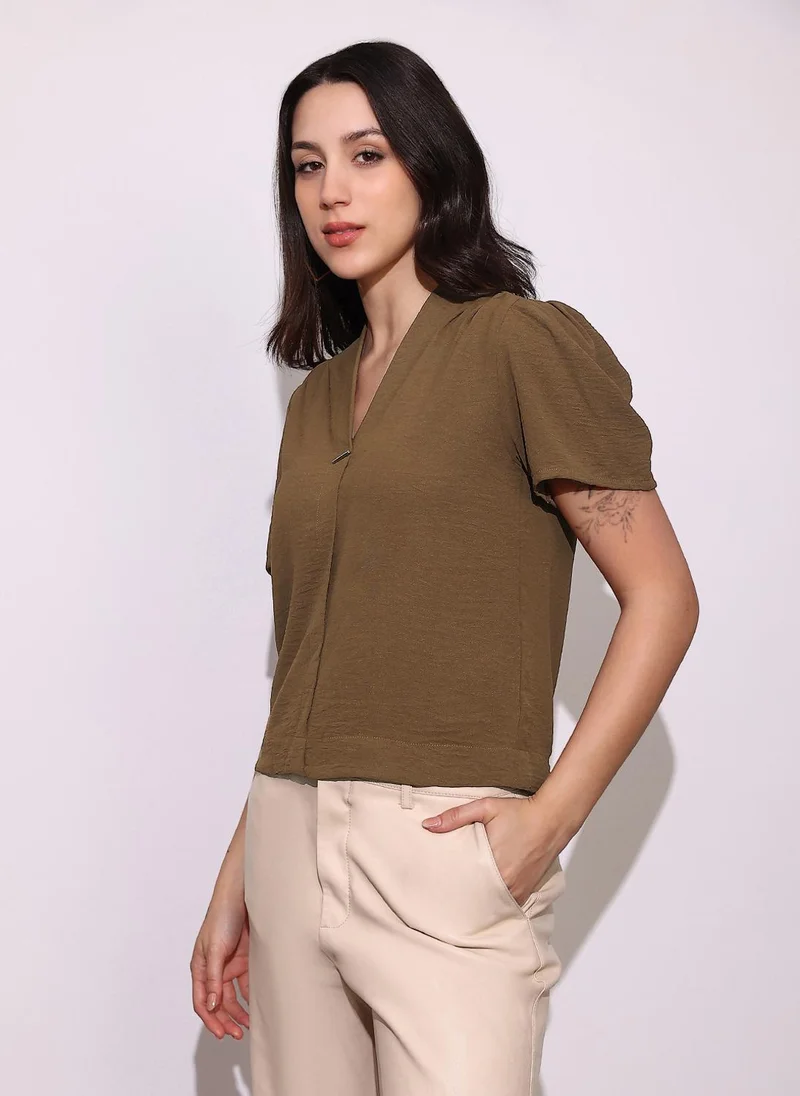 globus Globus Women Brown V-Neck Puff Sleeve Pleated Workwear Top
