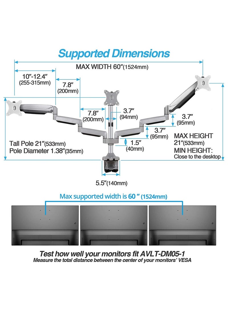 ELTRAZONE Triple Monitor Mount Stand - Three Height Adjustable Arms for 3 Computer Screen - Image 2