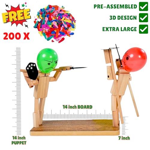 Akargol Huge Handemade Wooden Fencing Puppets Balloon Head Realistic Iron Sword and Shied  Handmade Wooden Warrior Puppets Battle Robot Duel Games Family Parties Board Game with Balloons - Image 5