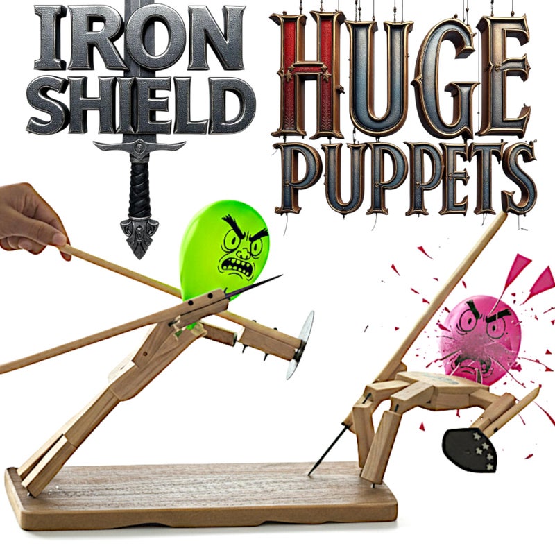 Akargol Huge Handemade Wooden Fencing Puppets Balloon Head Realistic Iron Sword and Shied  Handmade Wooden Warrior Puppets Battle Robot Duel Games Family Parties Board Game with Balloons - Image 3
