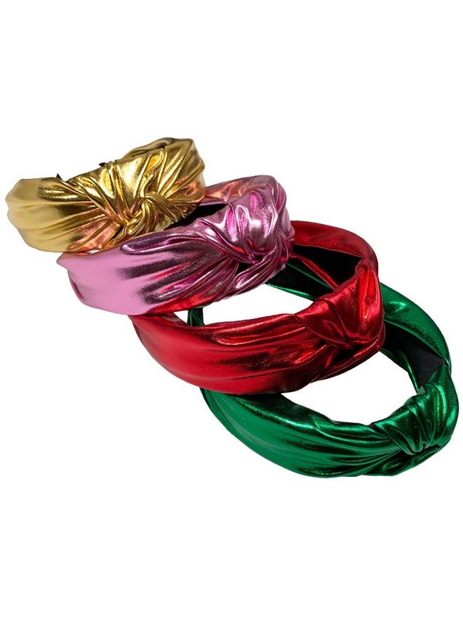 BETITETO Glitter Knotted Headbands 4 Pack Vintage Shiny Metallic Wide Hair Bands Hoops For Women Girls (Gold + Green + Pink + Red) - Image 3