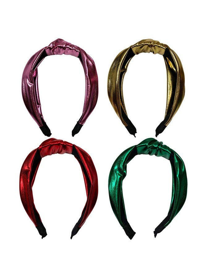 BETITETO Glitter Knotted Headbands 4 Pack Vintage Shiny Metallic Wide Hair Bands Hoops For Women Girls (Gold + Green + Pink + Red) - Image 5