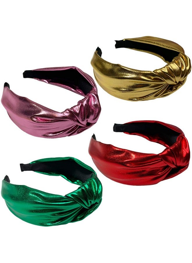 BETITETO Glitter Knotted Headbands 4 Pack Vintage Shiny Metallic Wide Hair Bands Hoops For Women Girls (Gold + Green + Pink + Red) - Image 4