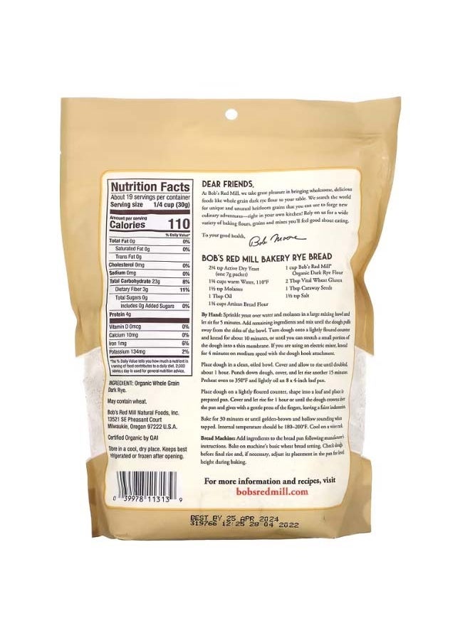 Bob's Red Mill Organic Dark Rye Flour Whole Grain 20 oz 567 g  - Image 2