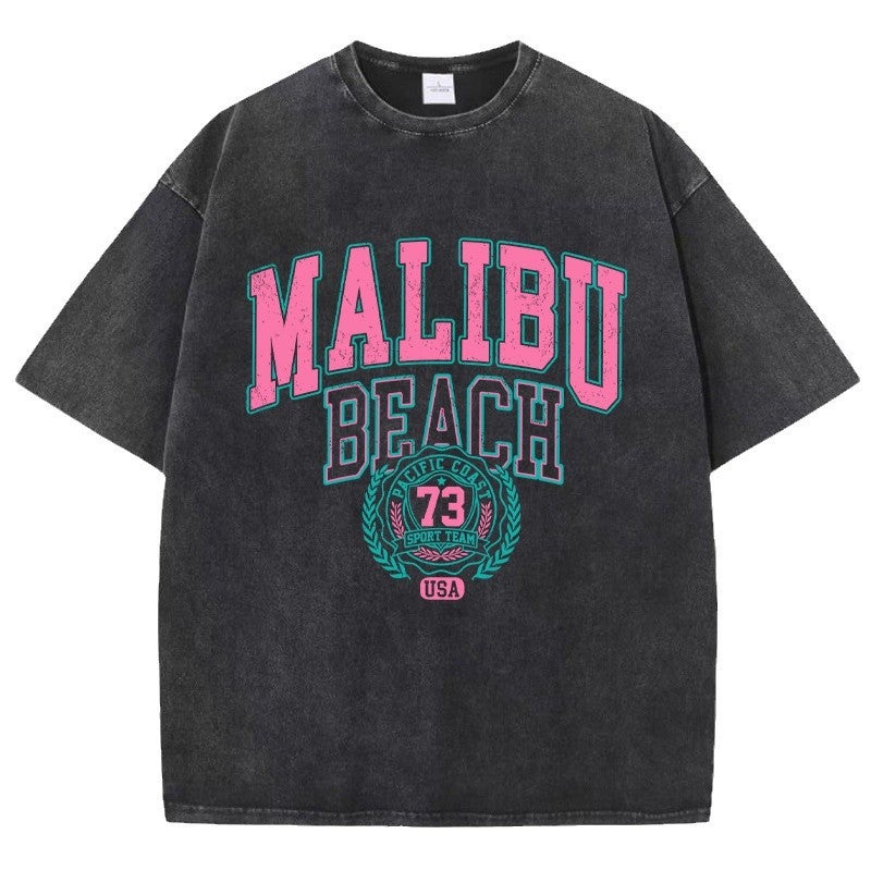 Street Pure Cotton Washed T-Shirt Malibu Beach Print T-Shirt Fashion Loose Retro Short Sleeve - Image 5