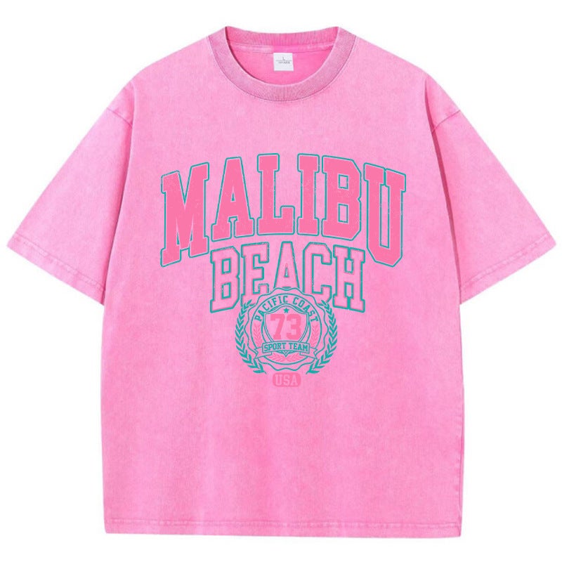 Street Pure Cotton Washed T-Shirt Malibu Beach Print T-Shirt Fashion Loose Retro Short Sleeve - Image 4