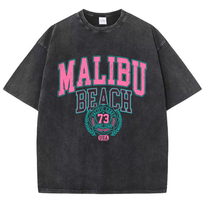 Street Pure Cotton Washed T-Shirt Malibu Beach Print T-Shirt Fashion Loose Retro Short Sleeve - Image 1