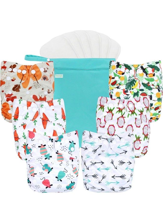 Wegreeco Washable Reusable Baby Cloth Pocket Diapers 6 Pack + 6 Rayon Made from Bamboo Inserts (with 1 Wet Bag, Fruits, Animals) - Image 1