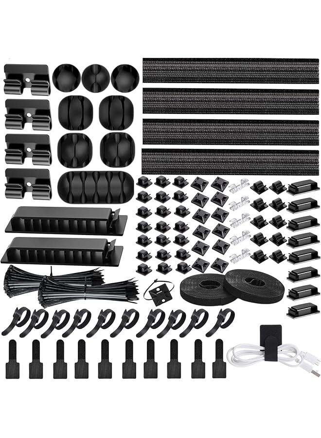 erorex 313Pcs Cable Management Kit By Cable Management Desk Cord Organizer 67 Adhesive Wire Clips 4 Cable Sleeves Split 22 Reusable Cable Strap 200 Nylon Cable Zip Ties For Tv Office Black - Image 1