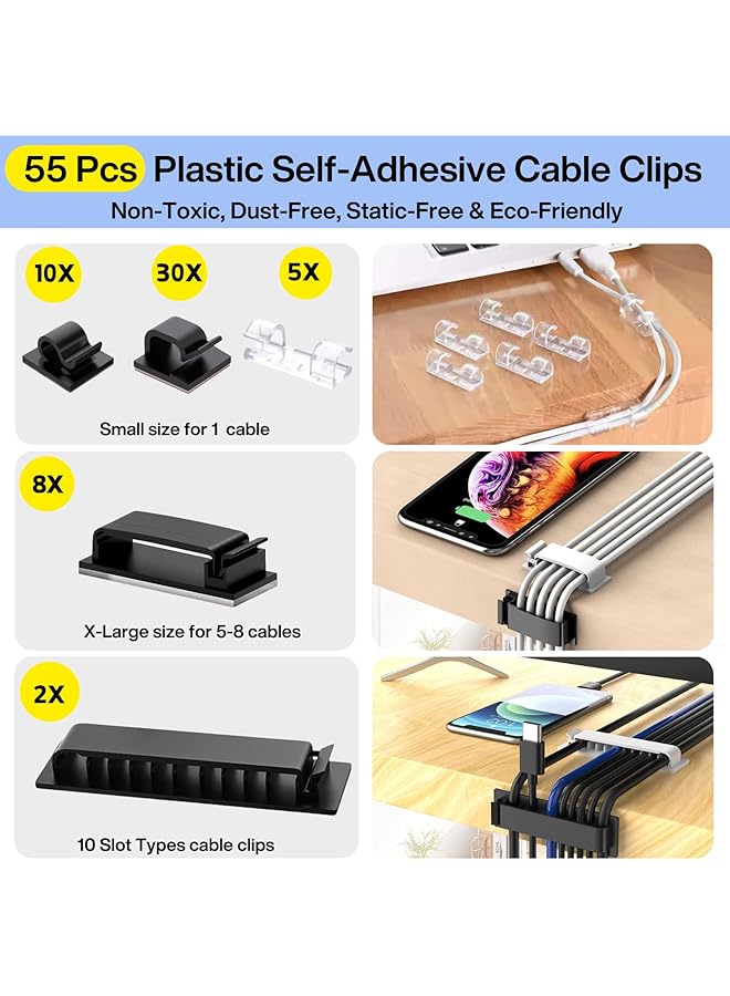 erorex 313Pcs Cable Management Kit By Cable Management Desk Cord Organizer 67 Adhesive Wire Clips 4 Cable Sleeves Split 22 Reusable Cable Strap 200 Nylon Cable Zip Ties For Tv Office Black - Image 2