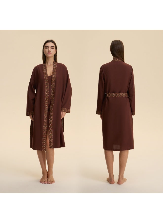 إسكدنيا رداء حمام طويل للنساء خفيف الوزن رداء ليلي طويل الأكمام ملابس نوم ناعمة بنية - Image 1