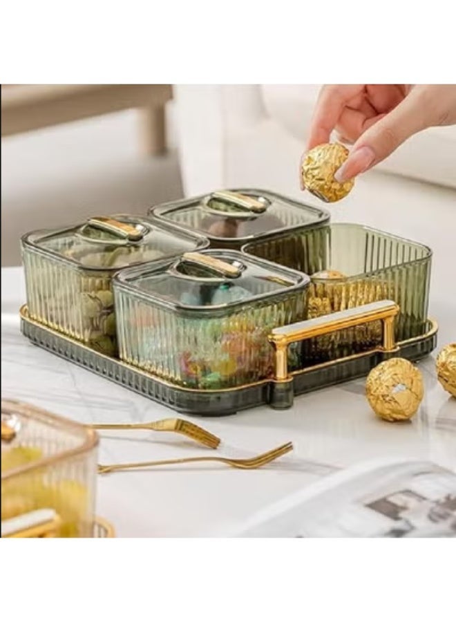 صينية تخزين الوجبات الخفيفة مع 4 أوعية شفافة وأغطية - طبق تقديم فواكه مجففة متعدد الاستخدامات، منظم مكتبي للمكسرات والحلويات والوجبات الخفيفة - Image 5