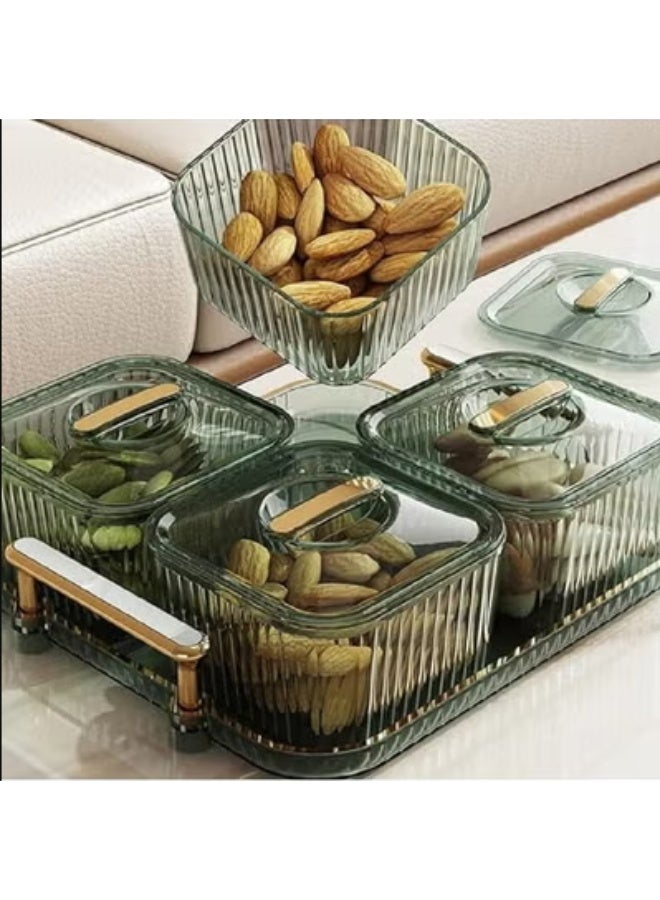 صينية تخزين الوجبات الخفيفة مع 4 أوعية شفافة وأغطية - طبق تقديم فواكه مجففة متعدد الاستخدامات، منظم مكتبي للمكسرات والحلويات والوجبات الخفيفة - Image 4
