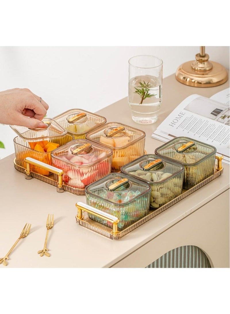 صينية تخزين الوجبات الخفيفة مع 4 أوعية شفافة وأغطية - طبق تقديم فواكه مجففة متعدد الاستخدامات، منظم مكتبي للمكسرات والحلويات والوجبات الخفيفة - Image 1