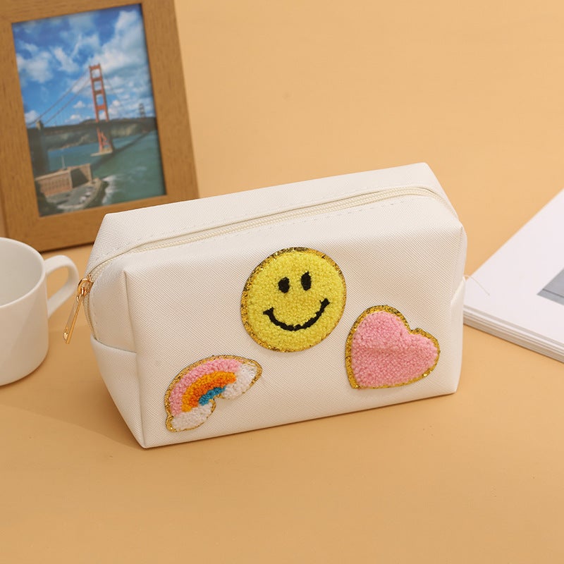 New Smiley Embroidered Towel Makeup Bag for WomenRainbow Smile White Rainbow Smile White