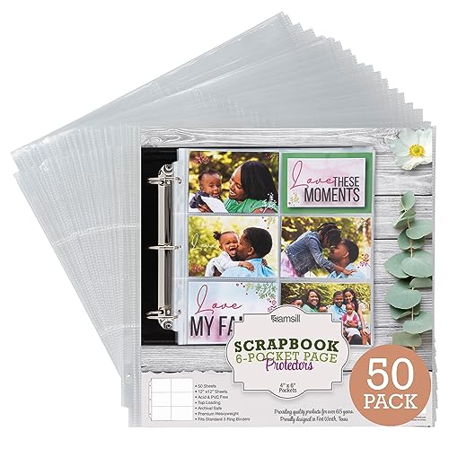 Samsill Scrapbook 6 Pocket Refill Pages 12x12 Inch, 50 Pack, Fits 3 Ring Scrapbook Binders and 12x12 Photo Albums, Holds 12 4x6 Inch Photos, Top-Loading, Heavy-Duty, Super Clear - Image 1