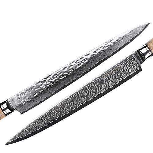 YOUSUNLONG Yanagiba Sashimi Knife 10 Inch - Japanese Damascus Steel Hammered Texture & Double-Edged Blade for Sushi & Fish Slicing, Burl Wood Handle & Sheath - Gift for Chefs - Image 3