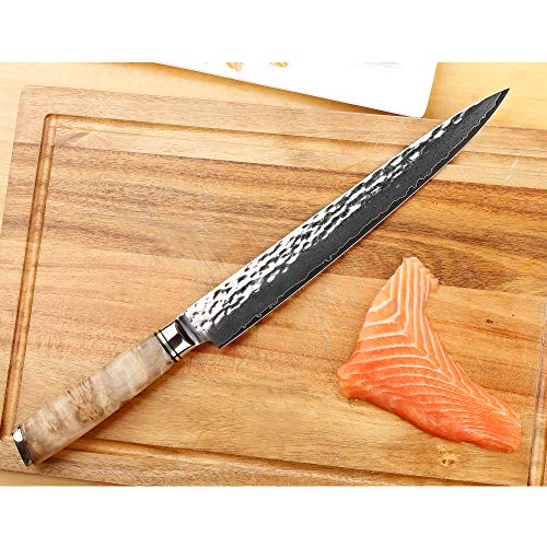 YOUSUNLONG Yanagiba Sashimi Knife 10 Inch - Japanese Damascus Steel Hammered Texture & Double-Edged Blade for Sushi & Fish Slicing, Burl Wood Handle & Sheath - Gift for Chefs - Image 5