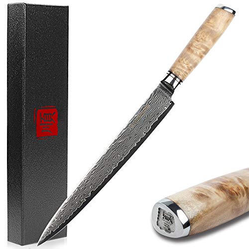 YOUSUNLONG Yanagiba Sashimi Knife 10 Inch - Japanese Damascus Steel Hammered Texture & Double-Edged Blade for Sushi & Fish Slicing, Burl Wood Handle & Sheath - Gift for Chefs - Image 1