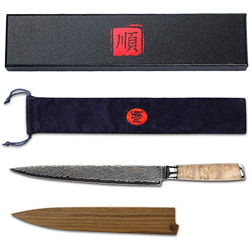 YOUSUNLONG Yanagiba Sashimi Knife 10 Inch - Japanese Damascus Steel Hammered Texture & Double-Edged Blade for Sushi & Fish Slicing, Burl Wood Handle & Sheath - Gift for Chefs - Image 2