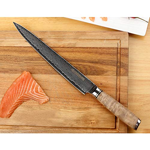 YOUSUNLONG Yanagiba Sashimi Knife 10 Inch - Japanese Damascus Steel Hammered Texture & Double-Edged Blade for Sushi & Fish Slicing, Burl Wood Handle & Sheath - Gift for Chefs - Image 4