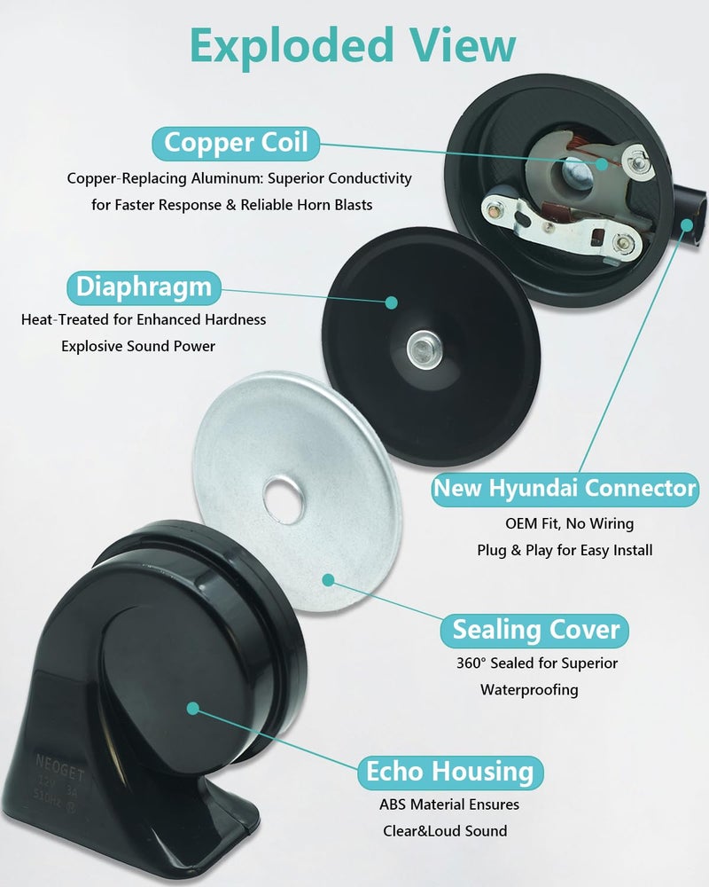 NEOGET Car Horn Kit for New Hyundai/Kia 12V Loud Waterproof Auto Horn, High Low Dual Tone 126 Decibel, Replacement for New Hyundai/Kia - Image 5