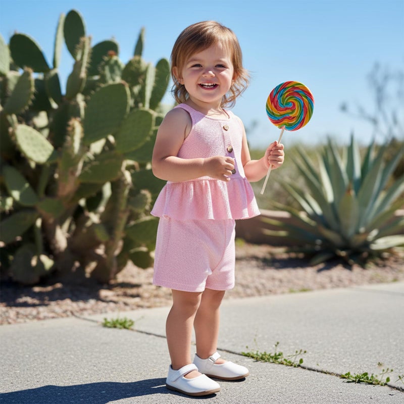 Rourufy Toddler Baby Girl Summer Clothes Infant Waffle Slip Ruffle T Shirt Top Shorts Set Little Girls Cute Spring Outfit (A Pink, 12-18 Months) - Image 4