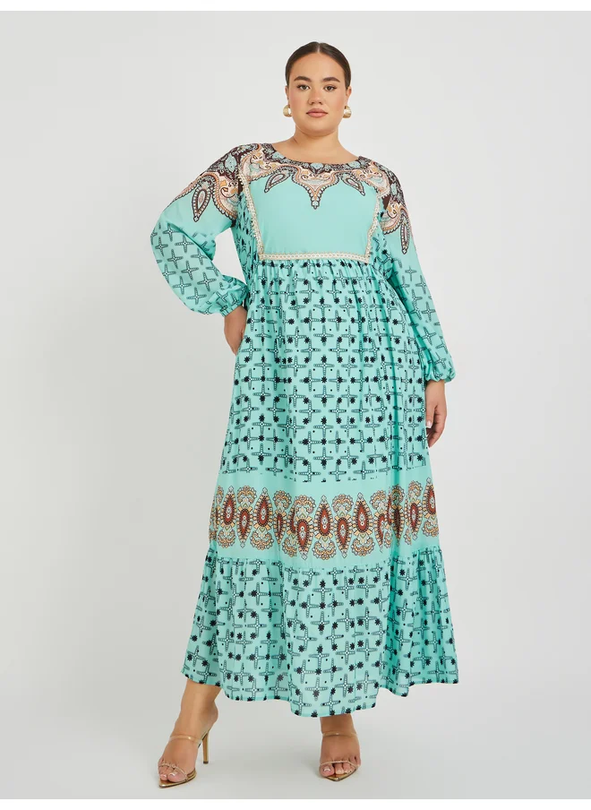 ستايلي Styli Plus Size Printed Square Neck Long Sleeves Maxi Dress