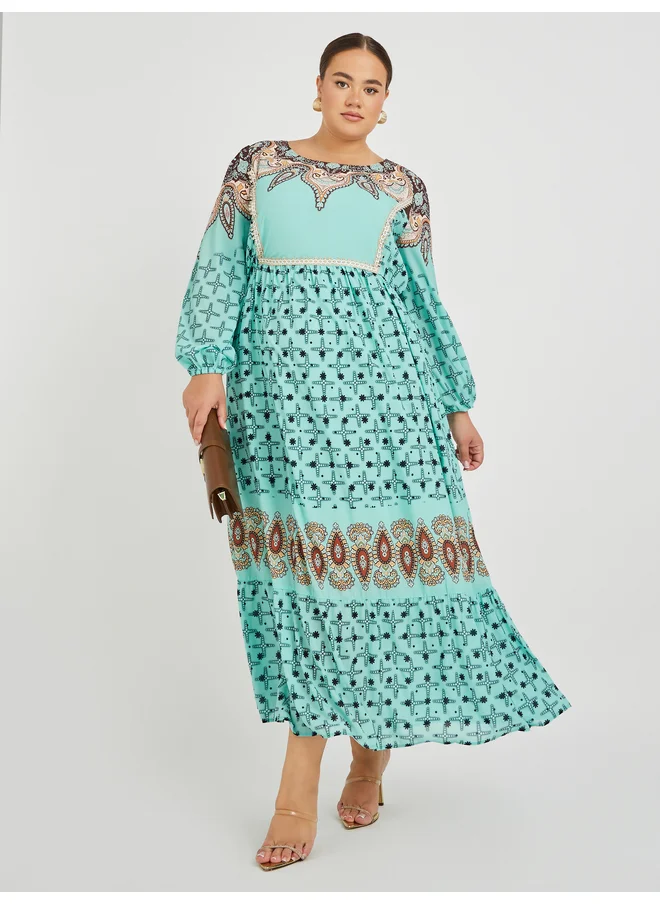 ستايلي Styli Plus Size Printed Square Neck Long Sleeves Maxi Dress