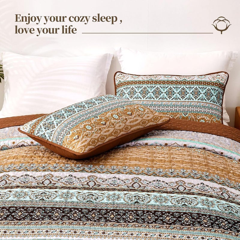 WONGS BEDDING مجموعة أغطية الأسرّة بأسلوب البوهو لفصل الخريف، حجم كينغ كاليفورنيا، غطاء سرير بني بنقش مخطط، غطاء سرير خفيف من القطن الميكروفيبر، مناسب لجميع المواسم، مقاس 106" × 96" (3 قطعة) - Image 5