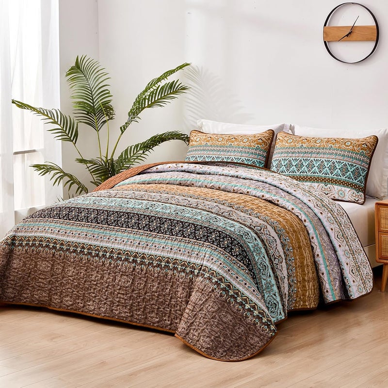 WONGS BEDDING مجموعة أغطية الأسرّة بأسلوب البوهو لفصل الخريف، حجم كينغ كاليفورنيا، غطاء سرير بني بنقش مخطط، غطاء سرير خفيف من القطن الميكروفيبر، مناسب لجميع المواسم، مقاس 106" × 96" (3 قطعة) - Image 2