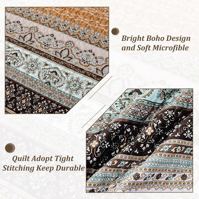 WONGS BEDDING مجموعة أغطية الأسرّة بأسلوب البوهو لفصل الخريف، حجم كينغ كاليفورنيا، غطاء سرير بني بنقش مخطط، غطاء سرير خفيف من القطن الميكروفيبر، مناسب لجميع المواسم، مقاس 106" × 96" (3 قطعة) - Image 4