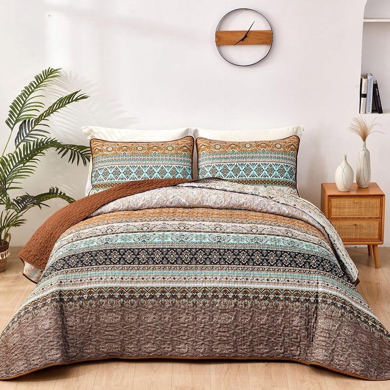 WONGS BEDDING مجموعة أغطية الأسرّة بأسلوب البوهو لفصل الخريف، حجم كينغ كاليفورنيا، غطاء سرير بني بنقش مخطط، غطاء سرير خفيف من القطن الميكروفيبر، مناسب لجميع المواسم، مقاس 106" × 96" (3 قطعة) - Image 1