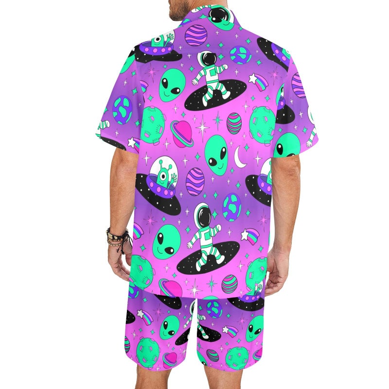 Artsadd Outer Space Alien Shirts Mens 2 Piece Funny Hawaiian Shirt And Shorts Astronaut Spaceship Star Rave Beach Outfits Purple L - Image 2