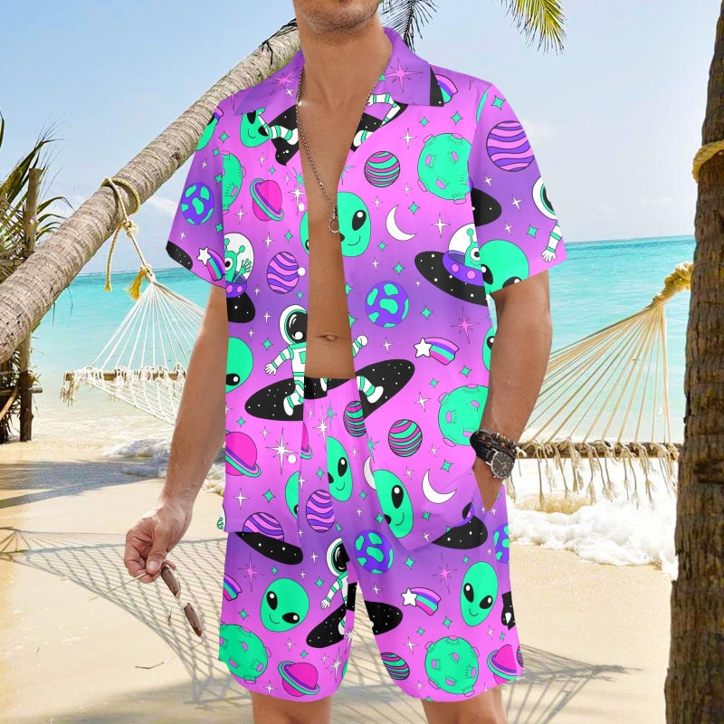 Artsadd Outer Space Alien Shirts Mens 2 Piece Funny Hawaiian Shirt And Shorts Astronaut Spaceship Star Rave Beach Outfits Purple L - Image 5
