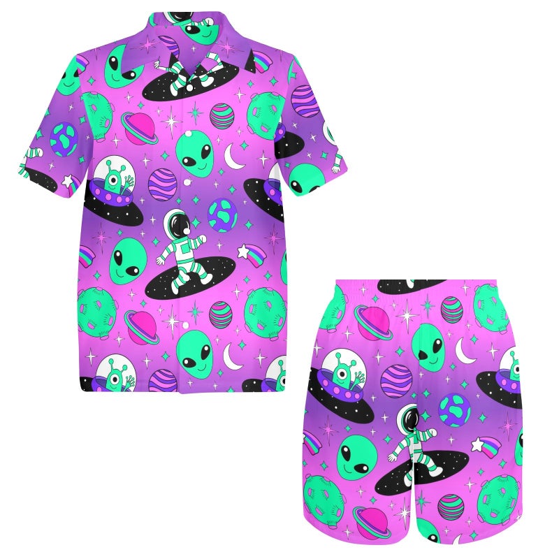Artsadd Outer Space Alien Shirts Mens 2 Piece Funny Hawaiian Shirt And Shorts Astronaut Spaceship Star Rave Beach Outfits Purple L - Image 3