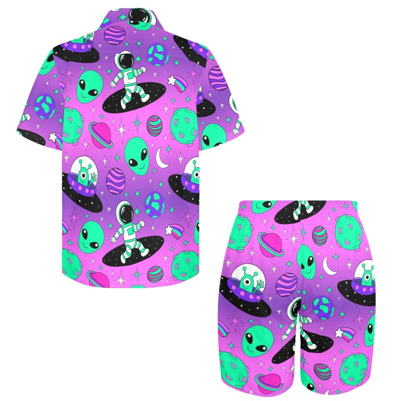 Artsadd Outer Space Alien Shirts Mens 2 Piece Funny Hawaiian Shirt And Shorts Astronaut Spaceship Star Rave Beach Outfits Purple L - Image 4
