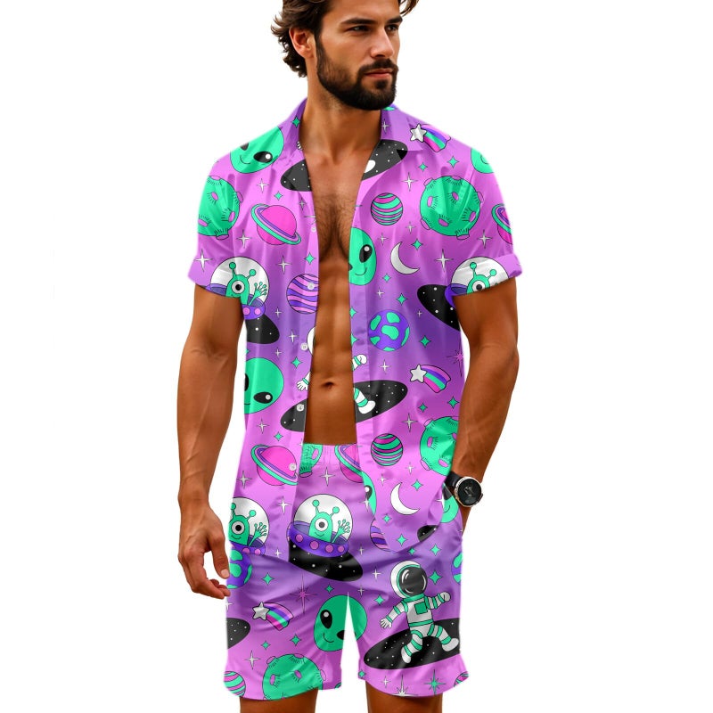 Artsadd Outer Space Alien Shirts Mens 2 Piece Funny Hawaiian Shirt And Shorts Astronaut Spaceship Star Rave Beach Outfits Purple L - Image 1