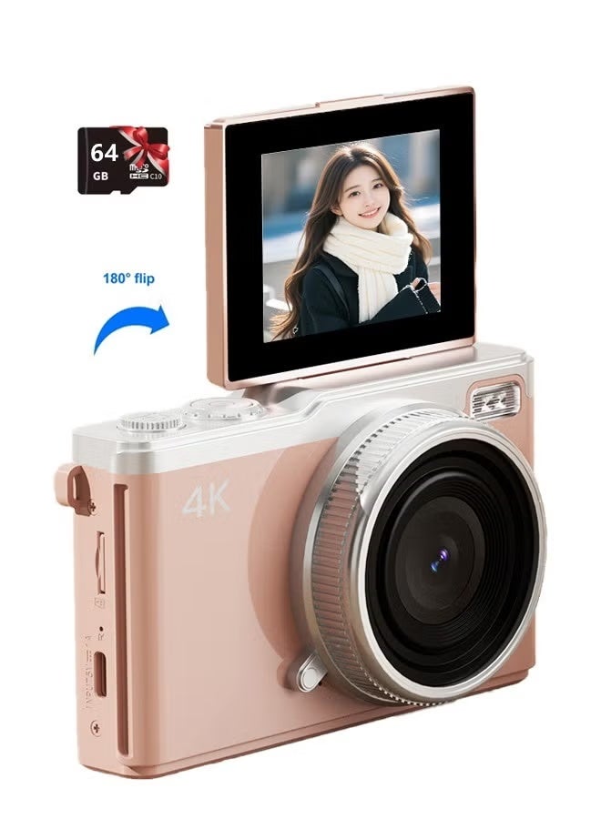 ZONBON 4K Digital Camera, 64MP Vlogging Cameras, 16X Autofocus Point and Shoot Digital Camera with 2.4in 180°Flip Screen, Compact Vlog Travel Camara with 64G TF Card for Photography, Pink - Image 1
