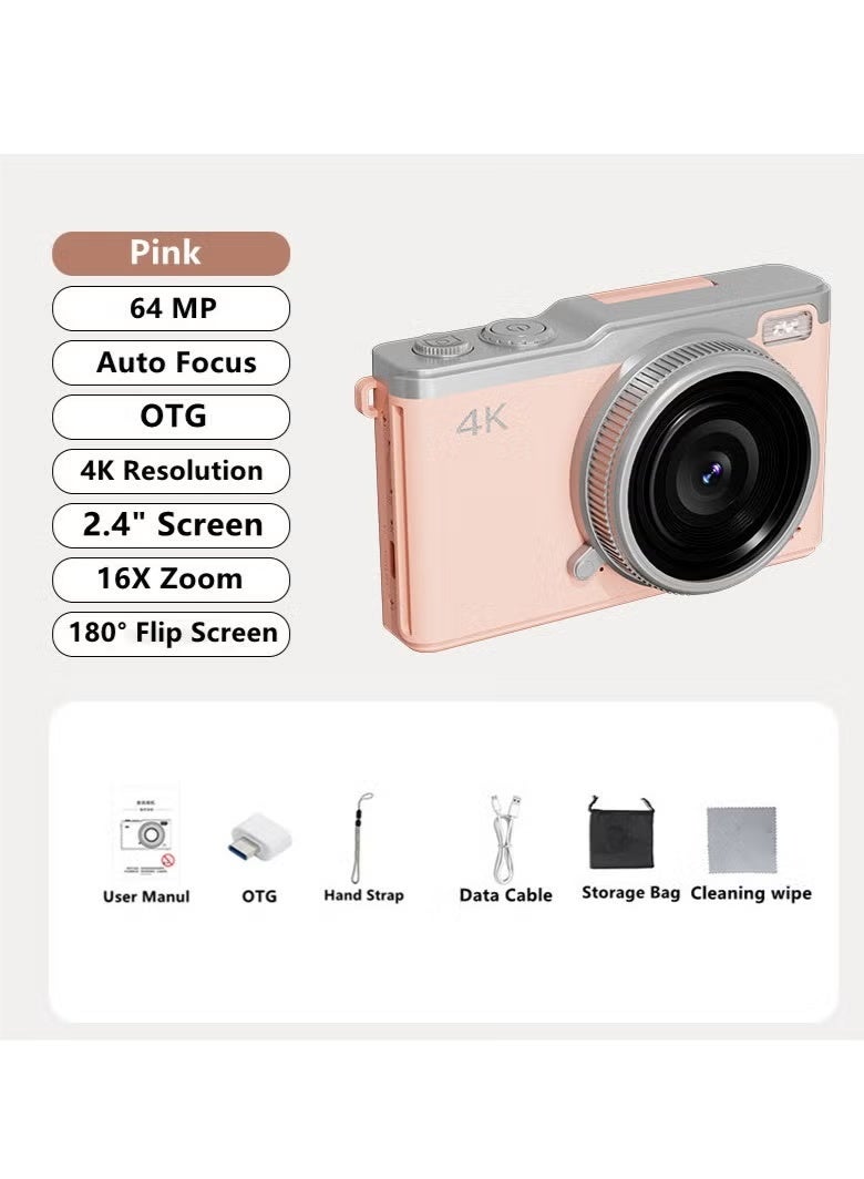 ZONBON 4K Digital Camera, 64MP Vlogging Cameras, 16X Autofocus Point and Shoot Digital Camera with 2.4in 180°Flip Screen, Compact Vlog Travel Camara with 64G TF Card for Photography, Pink - Image 2
