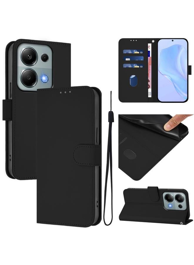 Case For Xiaomi Poco M6 Pro 4G Skin Feel Solid Color Leather Phone Case with Lanyard