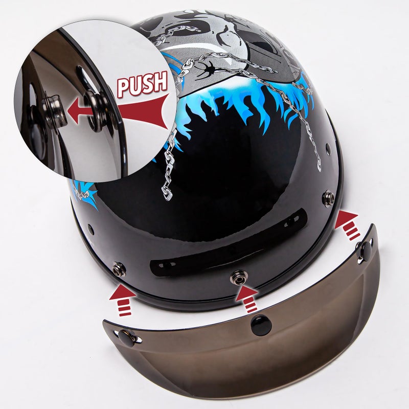 Cartman Cruiser Scooter Motorcycle Half Face Helmet, Blue Skull Graphics, DOT Approved for Bike Scooter ATV UTV Chopper, Large - Image 3