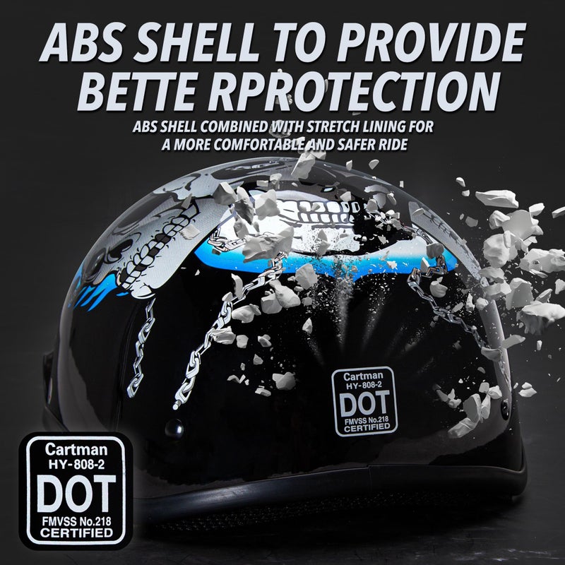 Cartman Cruiser Scooter Motorcycle Half Face Helmet, Blue Skull Graphics, DOT Approved for Bike Scooter ATV UTV Chopper, Large - Image 2