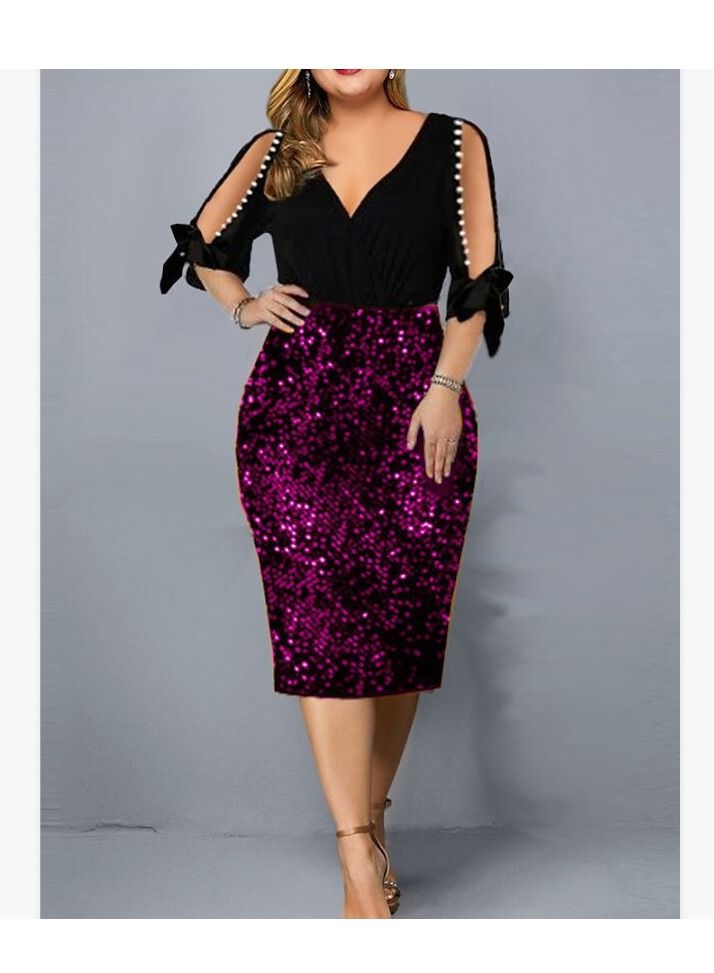 Loquat Women Fashion New V-neck Sequin Petal Sleeve Dress 
