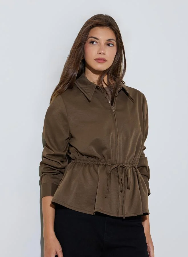 ستايلي Brown Long Sleeve Drawcord Waist Shirt